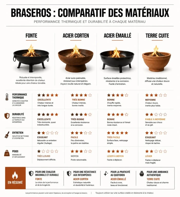 Infographie comparative des matériaux pour brasero : fonte, acier Corten, acier émaillé et terre cuite