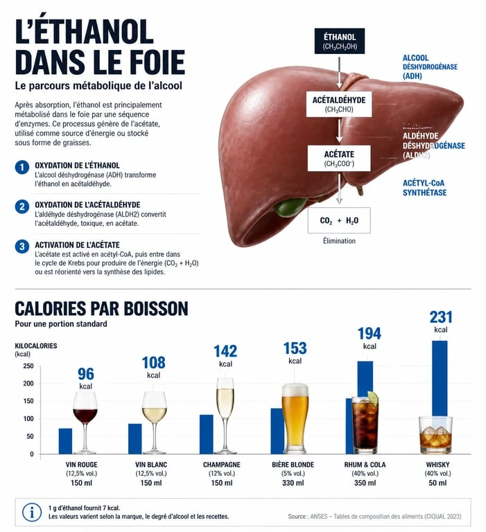 Infographie sur l'impact de l'alcool et la prise de poids : métabolisme hépatique et calories par boisson