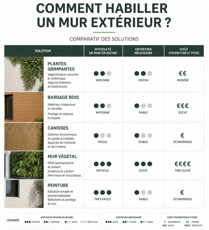 Infographie comparative des solutions pour cacher un mur extérieur : plantes, bois, peinture et décoration.