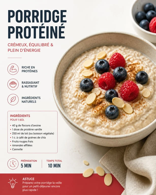 Bol de porridge protéiné onctueux garni de fruits frais et d'amandes
