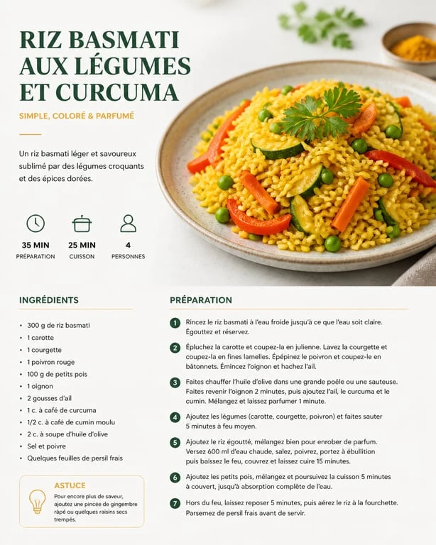 Riz basmati aux légumes et curcuma en accompagnement