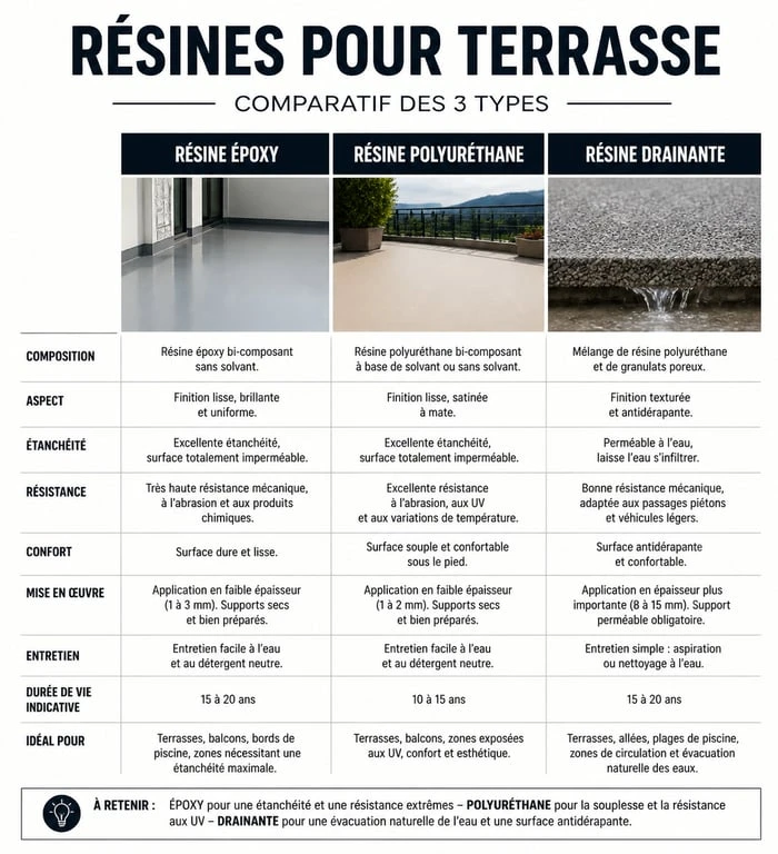 Tableau comparatif des avantages et inconvénients des différents types de résines pour terrasse en résine