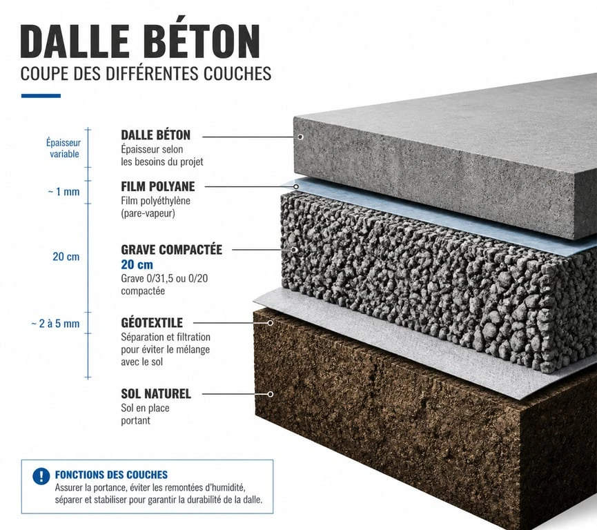 Schéma en coupe d'une dalle béton avec hérisson de gravier sous dalle