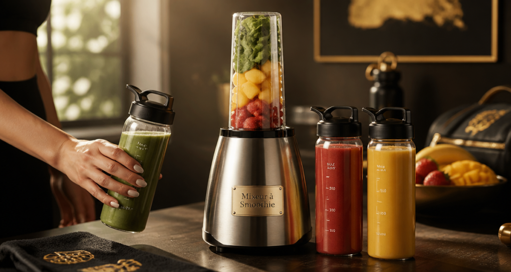 mixeur à smoothie inox avec gourdes et fruits