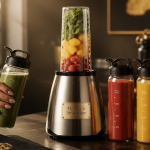 mixeur à smoothie inox avec gourdes et fruits