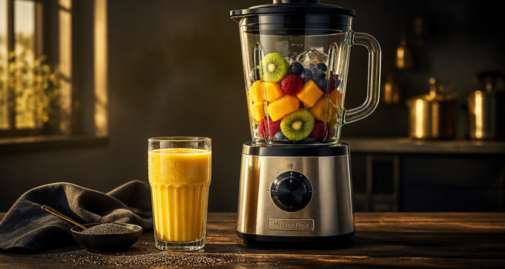 mixeur fruit inox avec smoothie et fruits frais