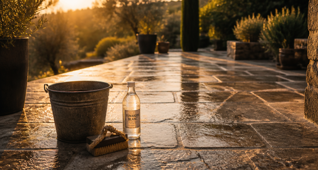 nettoyage dalle terrasse vinaigre blanc seau brosse