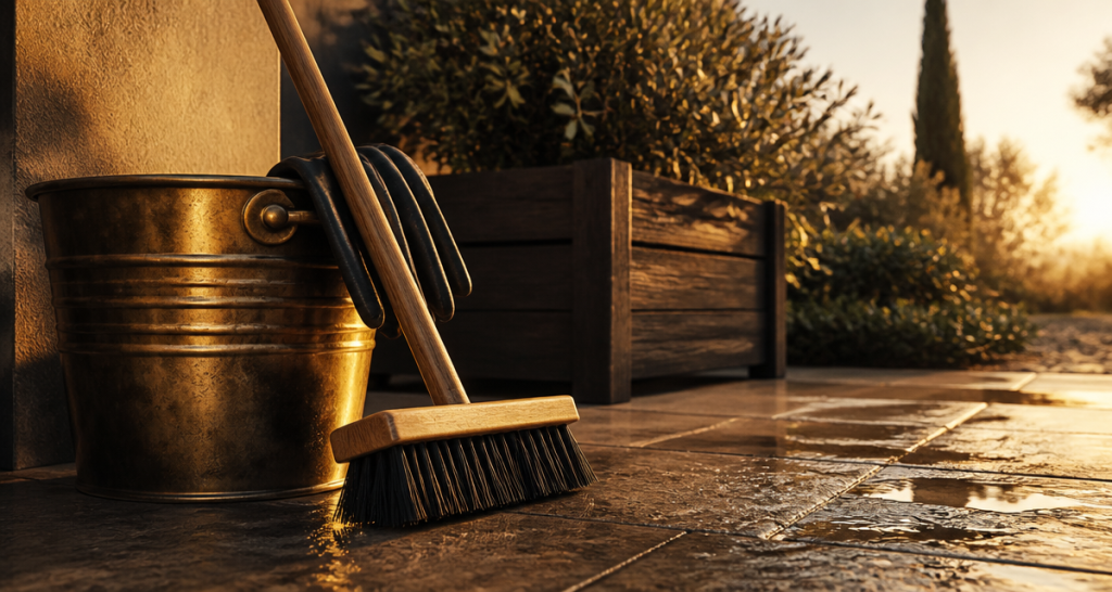 nettoyer dalle de terrasse avec balai brosse et seau