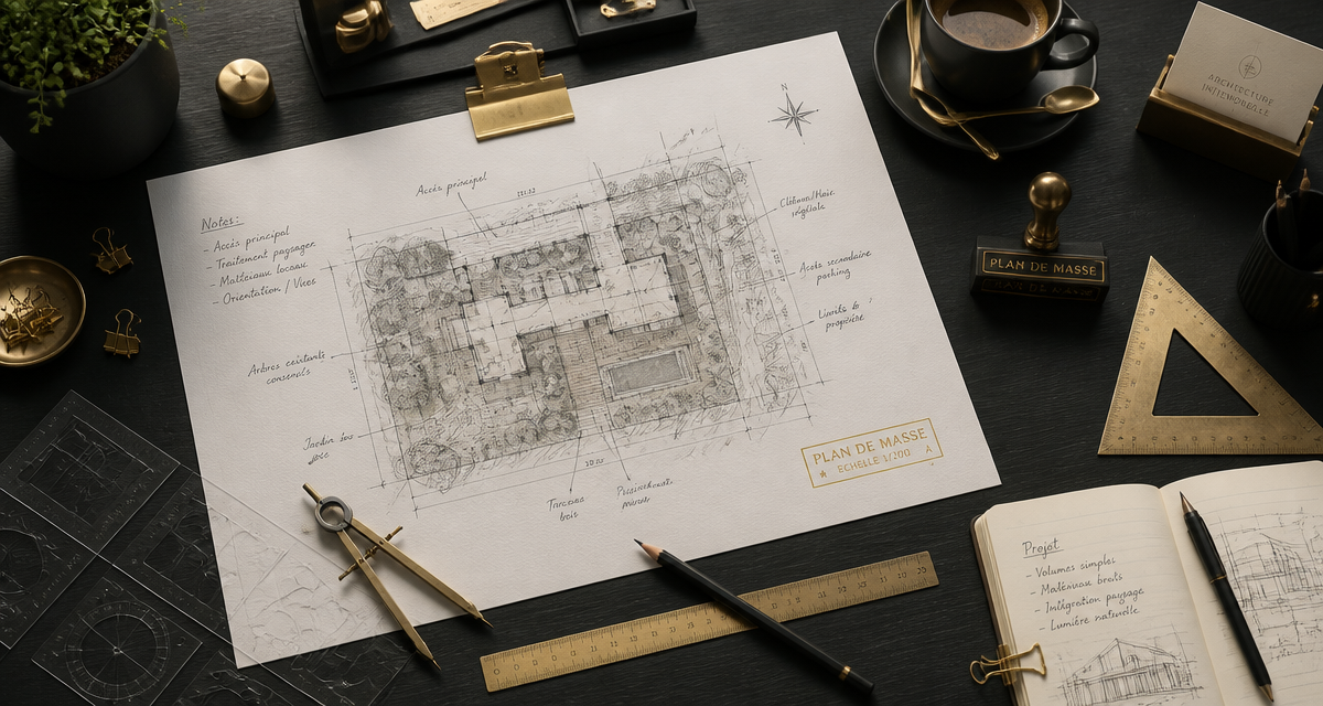Plan masse annoté sur bureau architecte