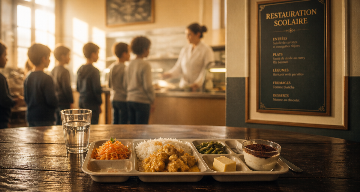 plateau repas restaurant scolaire avec enfants et serveuse