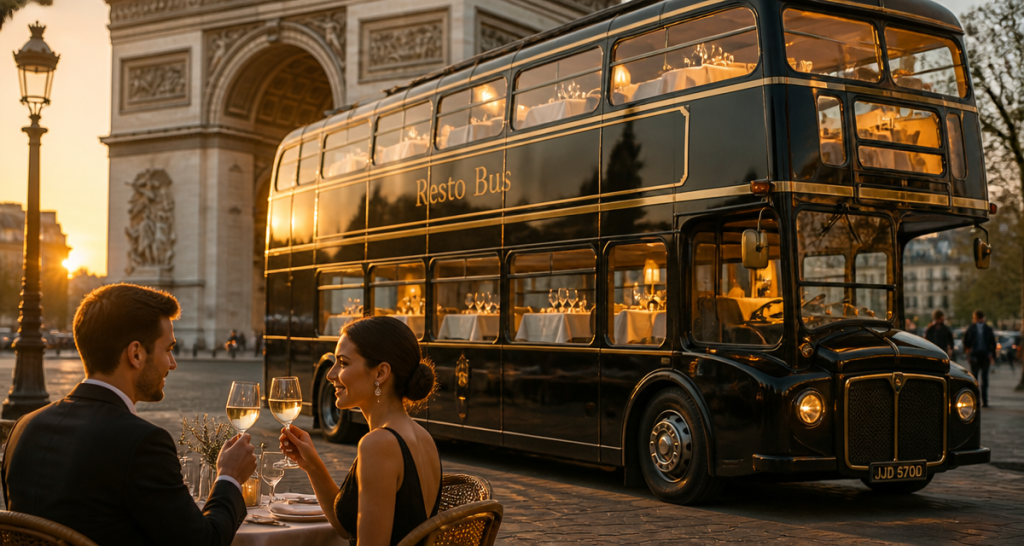 resto bus élégant devant monument au soleil couchant