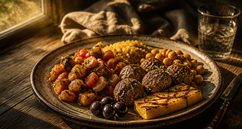 Accompagnement ratatouille avec quinoa, pois chiches et boulettes