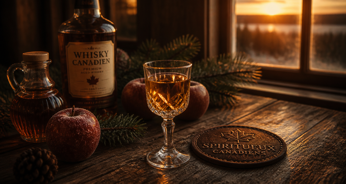 alcool canadien sur table rustique avec whisky et cidre