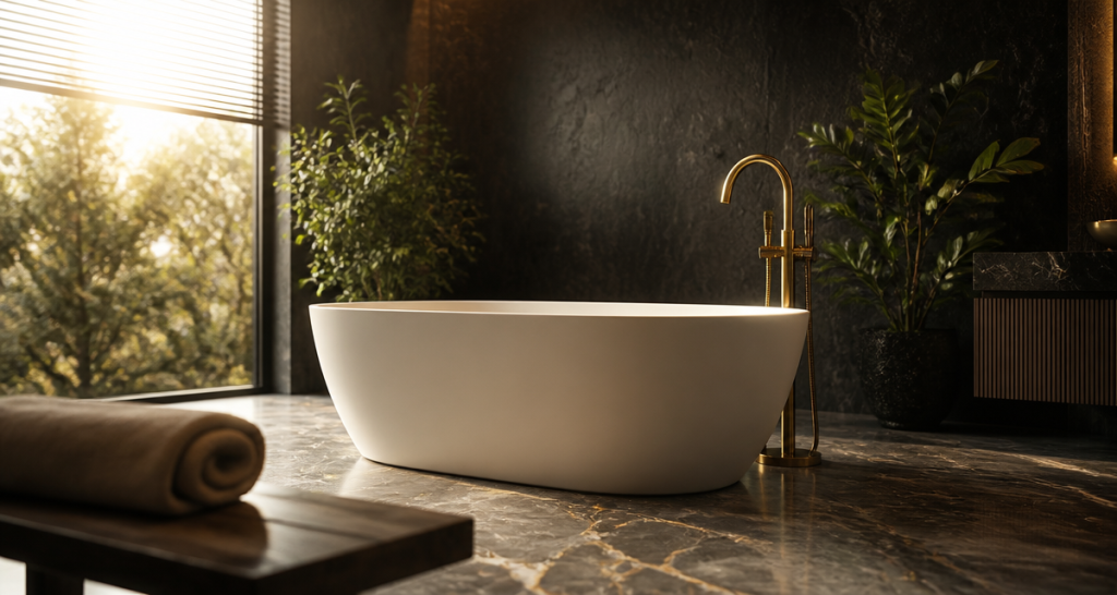 baignoire de salle de bain îlot blanche sur sol marbre