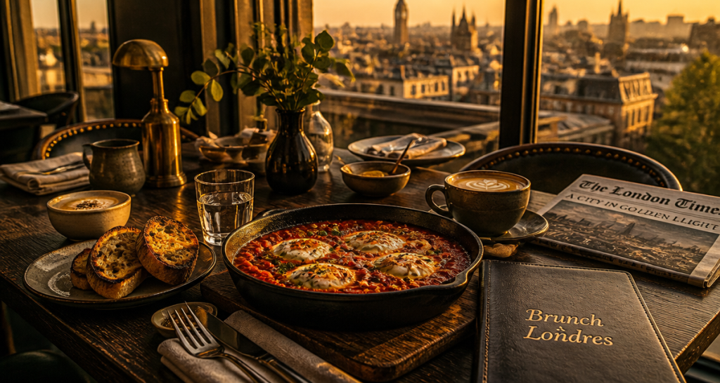 Brunch à Londres shakshuka et flat white près fenêtre