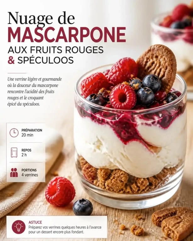 Nuage de Mascarpone aux fruits rouges et spéculoos, une idée de dessert au mascarpone gourmand et facile à réaliser.