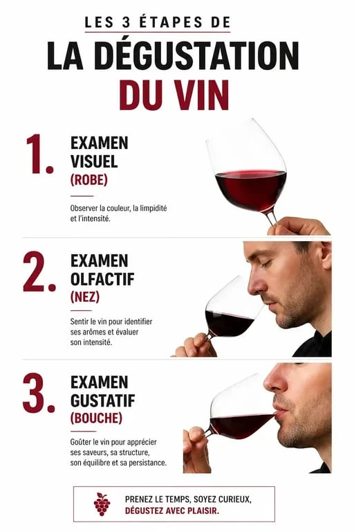 Infographie des trois étapes de la dégustation du vin pour apprendre le vin