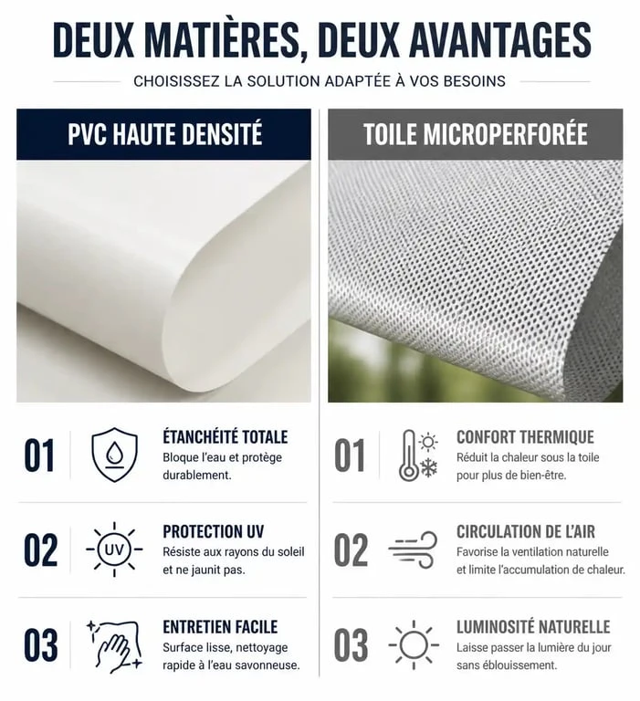 Infographie comparative des matériaux pour bache pour pergola : PVC haute densité vs toile microperforée