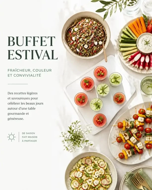 Buffet de repas froid entre amis avec salades, verrines et légumes frais
