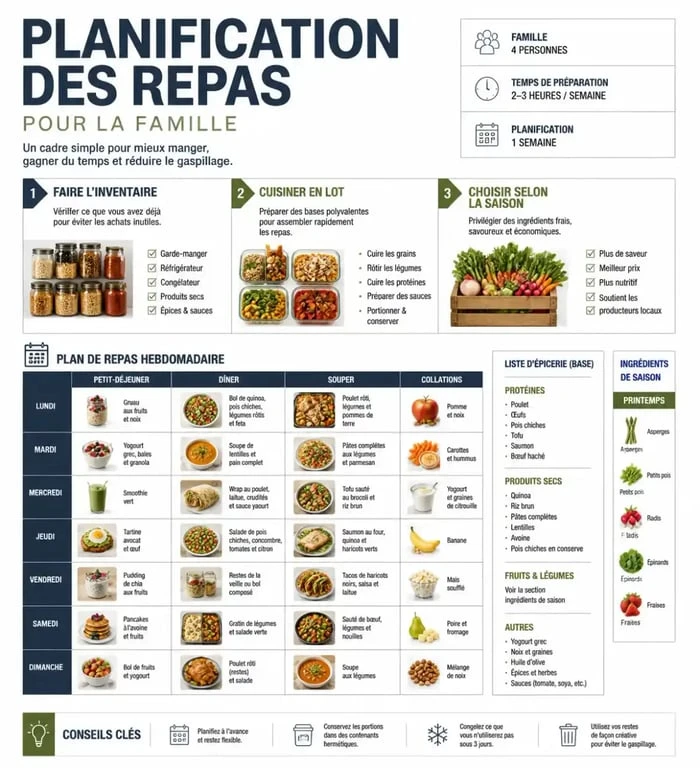 Infographie sur l'organisation d'un menu famille pour la semaine pour simplifier les repas