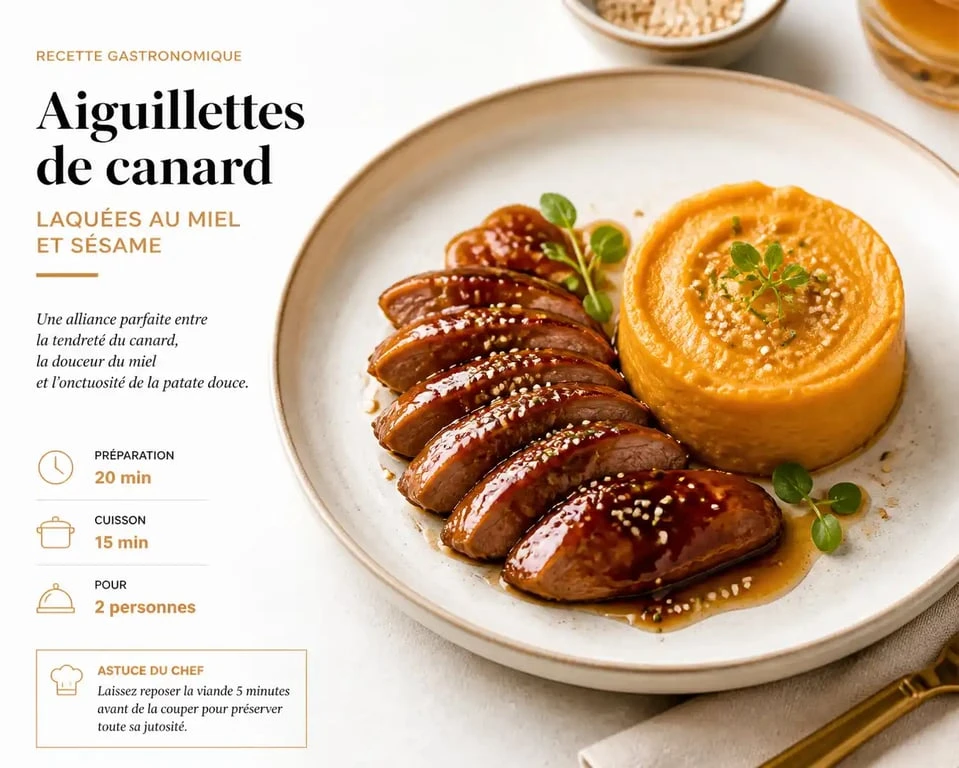 Menu un dîner presque parfait : aiguillettes de canard laquées et purée de patates douces dressées de façon gastronomique
