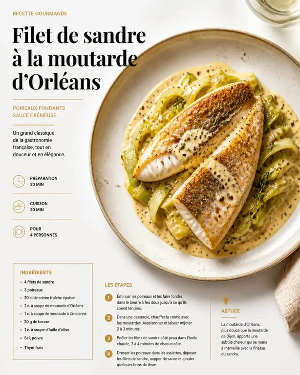 Filet de sandre à la moutarde d'Orléans, spécialité culinaire dans un restaurant à Saint-Jean-de-Braye