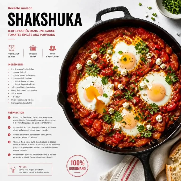 Shakshuka aux œufs et tomates, une recette facile et pas cher pour un repas équilibré.