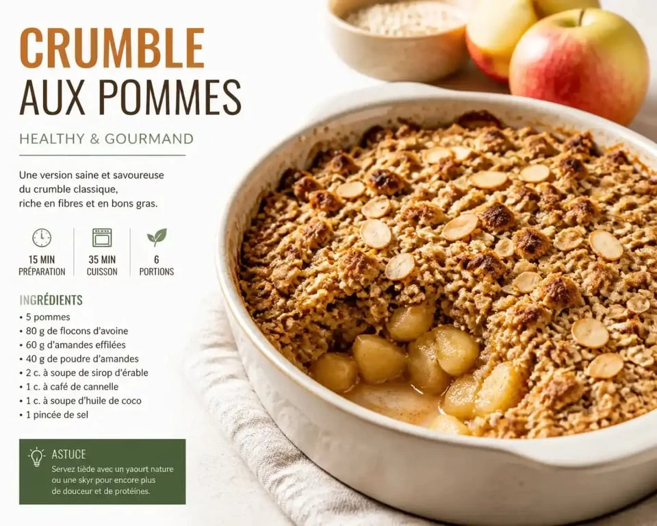 Crumble aux pommes healthy avec flocons d'avoine et amandes, dessert sain et gourmand