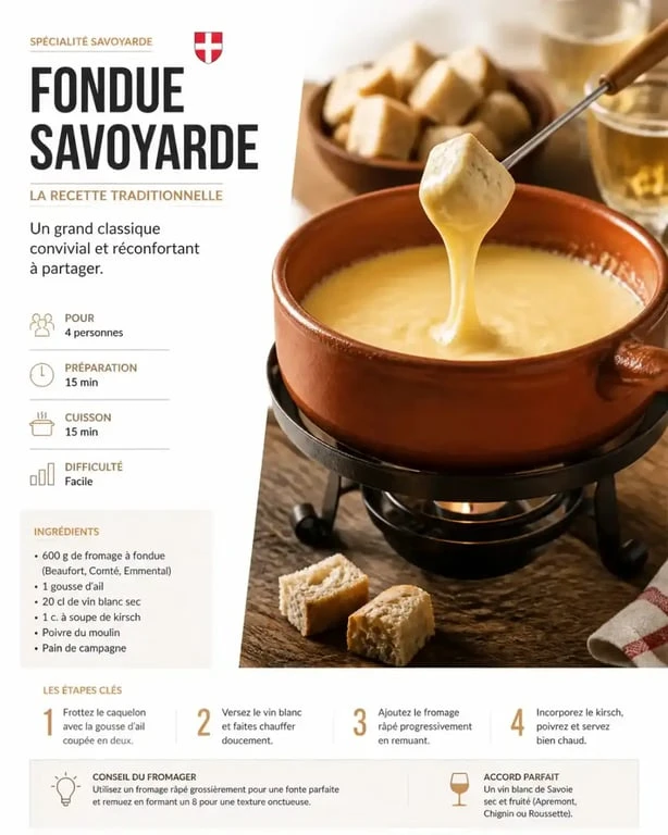 Fondue savoyarde traditionnelle avec vin blanc pour 1kg de fromage