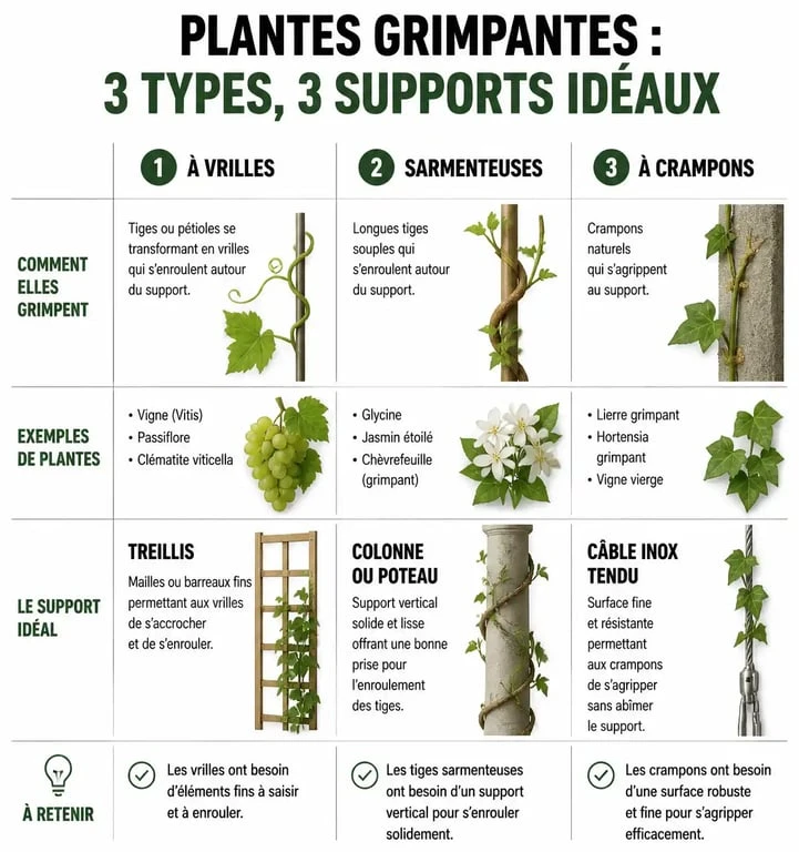 Infographie comparative des supports pour plantes grimpantes selon leur mode de fixation