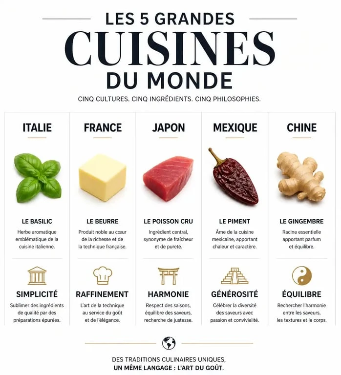 Infographie comparative des 5 grandes cuisines du monde : Italie, France, Japon, Mexique et Chine