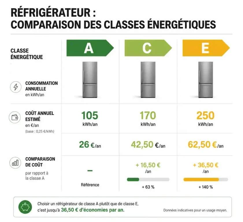 Comparatif de la consommation énergétique des réfrigérateurs congélateurs par classe énergétique pour choisir le meilleur modèle.