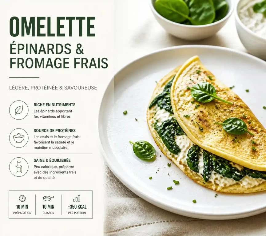 Omelette healthy aux épinards et fromage frais dans une assiette