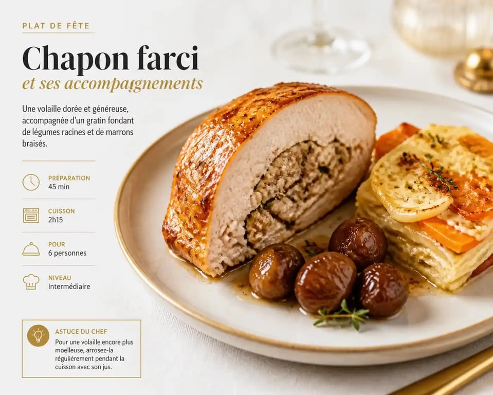 Accompagnement pour chapon farci : assiette de fête avec volaille et légumes