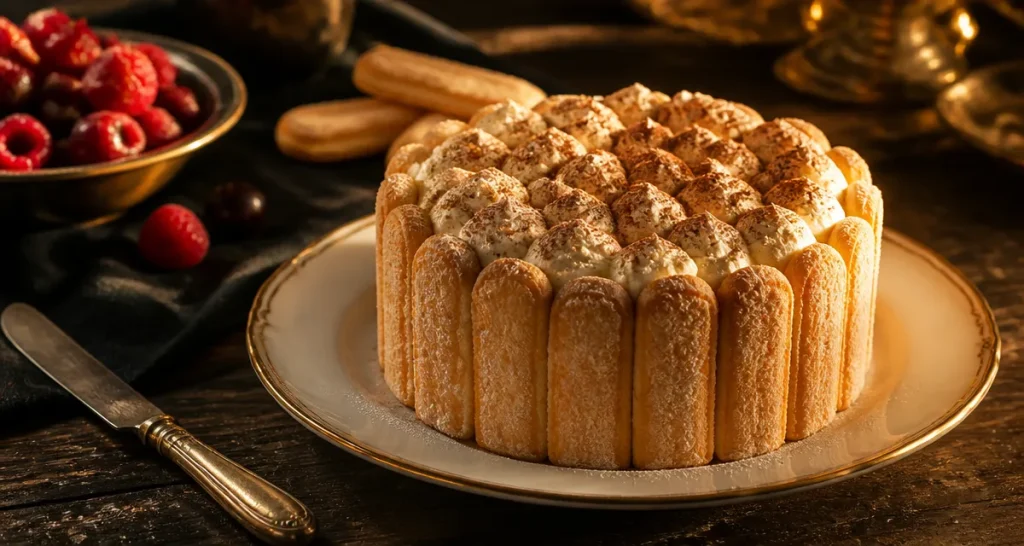 gâteau aux boudoirs sur plat blanc ambiance chaleureuse