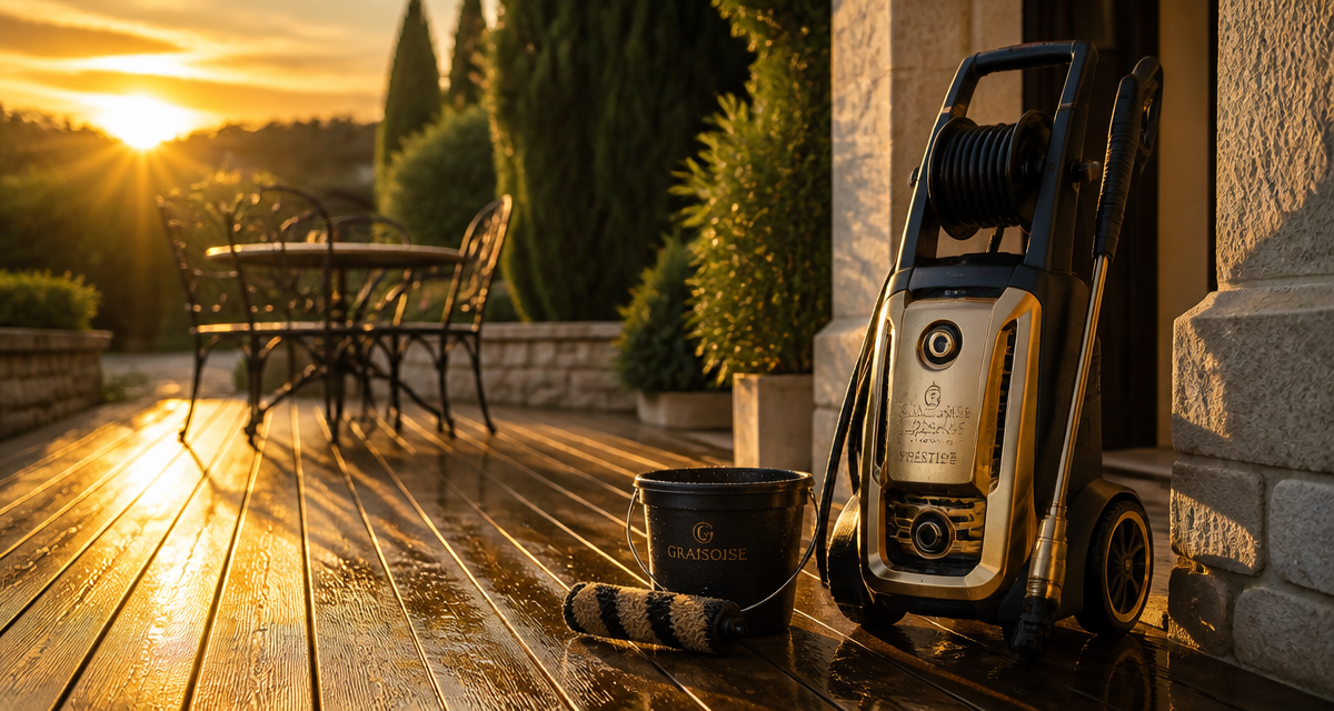 karcher pour nettoyer une terrasse en bois et pierre au coucher du soleil