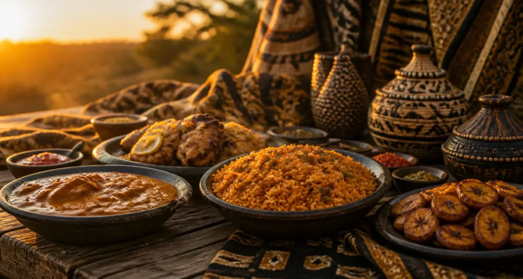met africain sur table avec riz Jollof et sauces