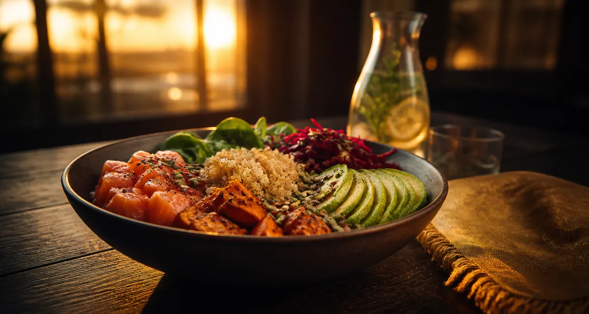 Nourriture healthy Buddha bowl saumon quinoa avocat