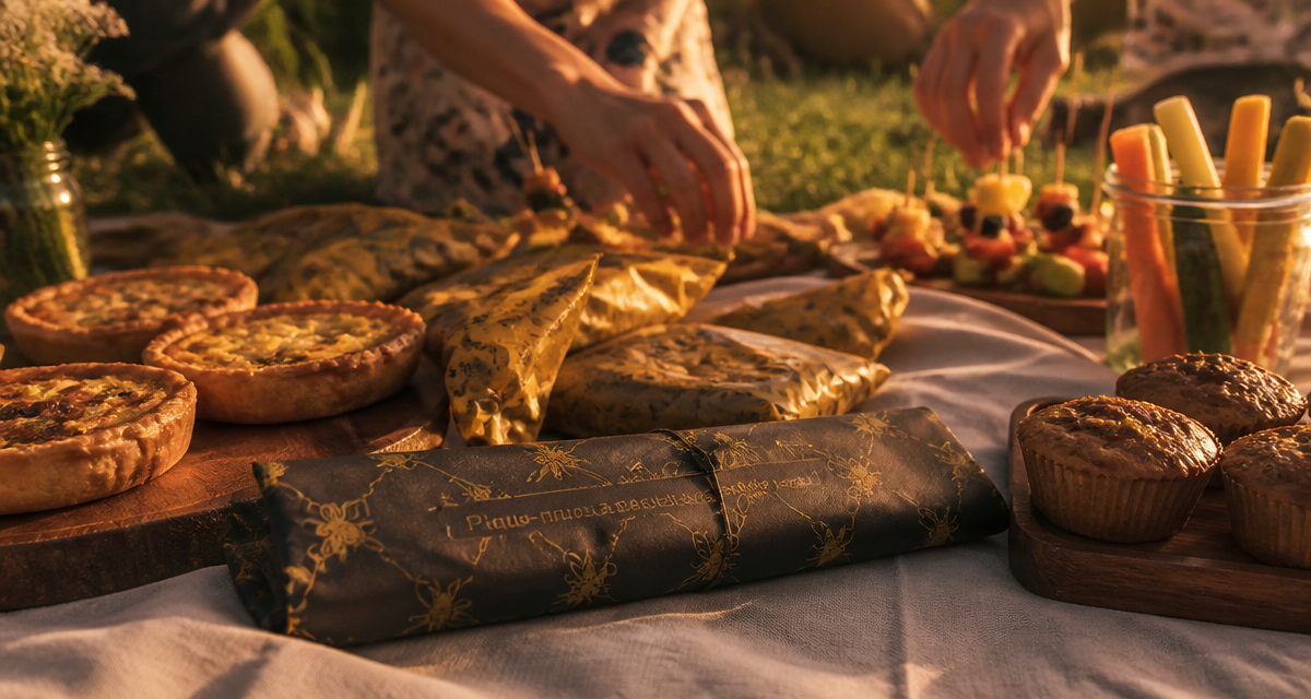 Pique-nique sans assiette avec finger food sur nappe en lin