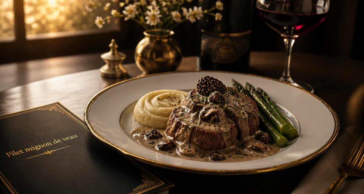 Recette filet mignon de veau gastronomique, sauce morilles, légumes et vin rouge