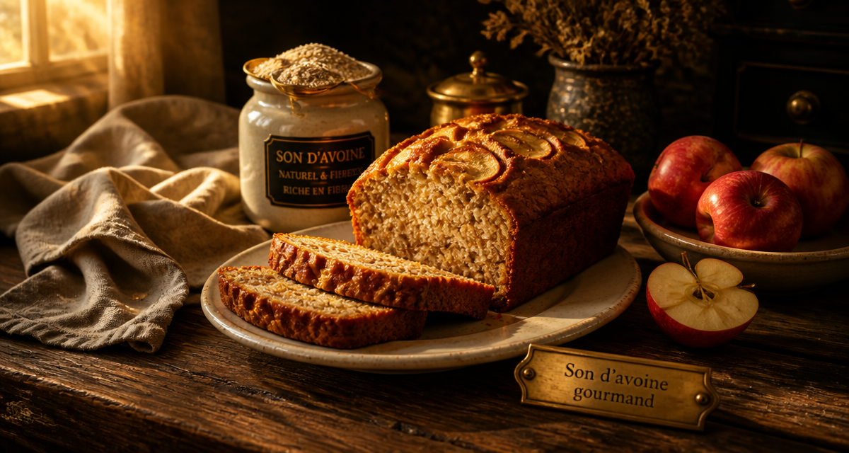 Cake aux pommes et son d'avoine recette sur table rustique