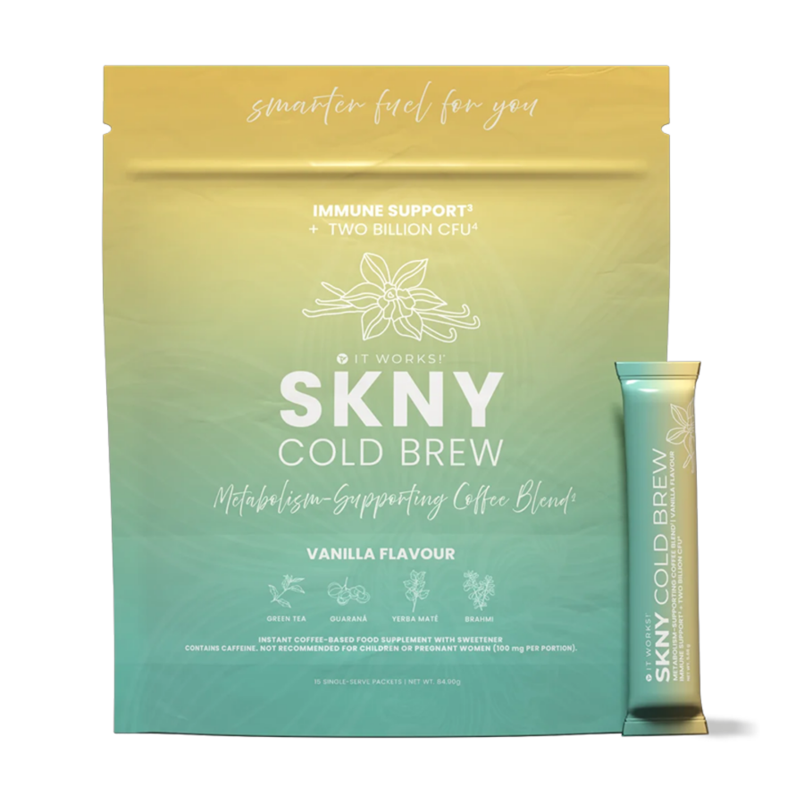 SKNY Cold Brew It Works Café frío con probióticos, vitaminas y extractos vegetales sabor vainilla