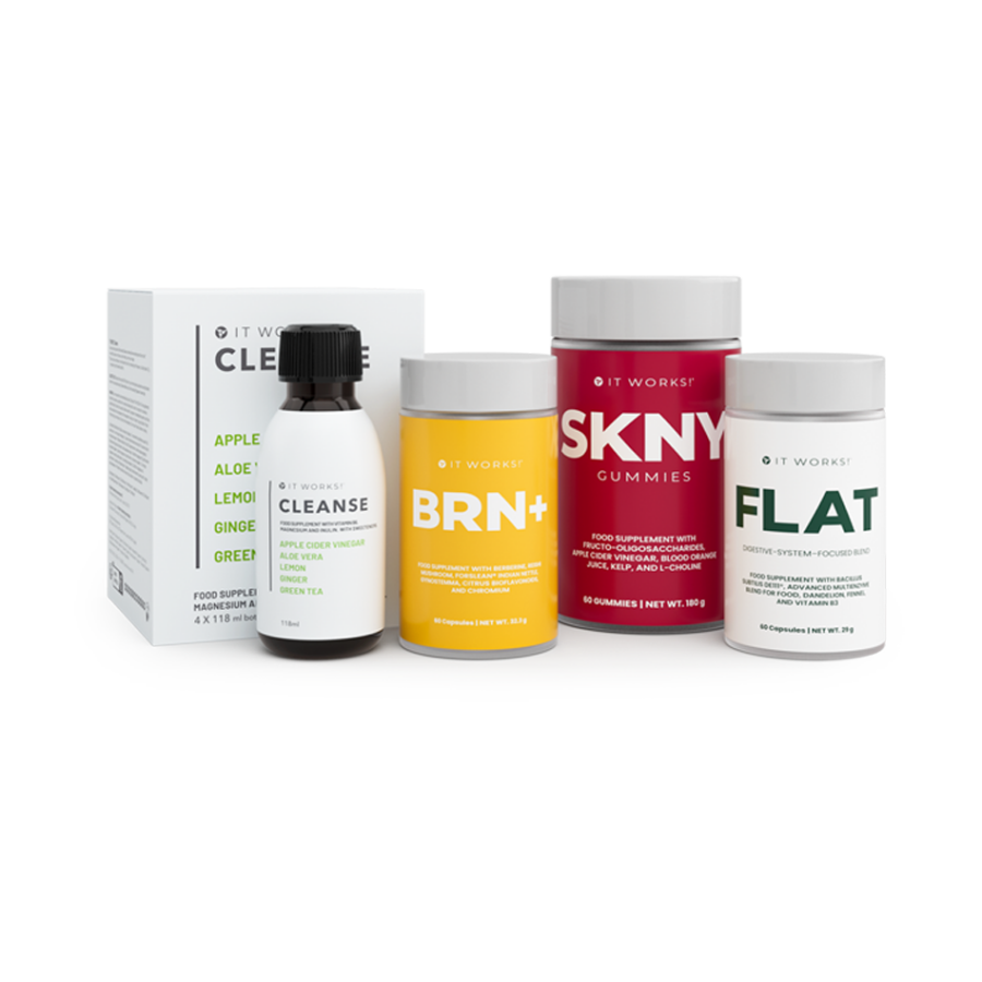 Pack It Works 30-Day Drop sin cafeína | SKNY Gummies, BRN+, FLAT y Cleanse