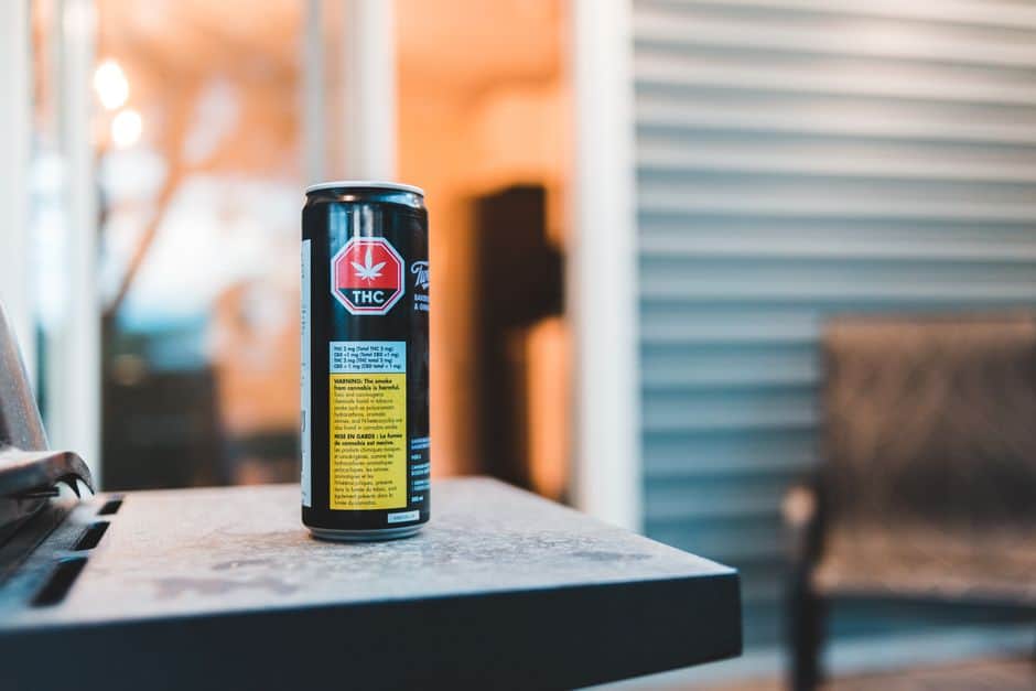 THC warning labeled drink can outdoors