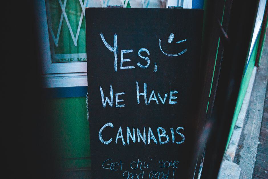 Chalkboard sign says yes we have cannabis