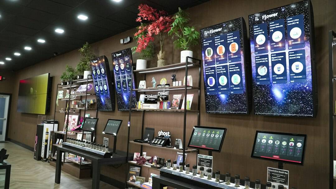 Digital displays and cannabis products in store