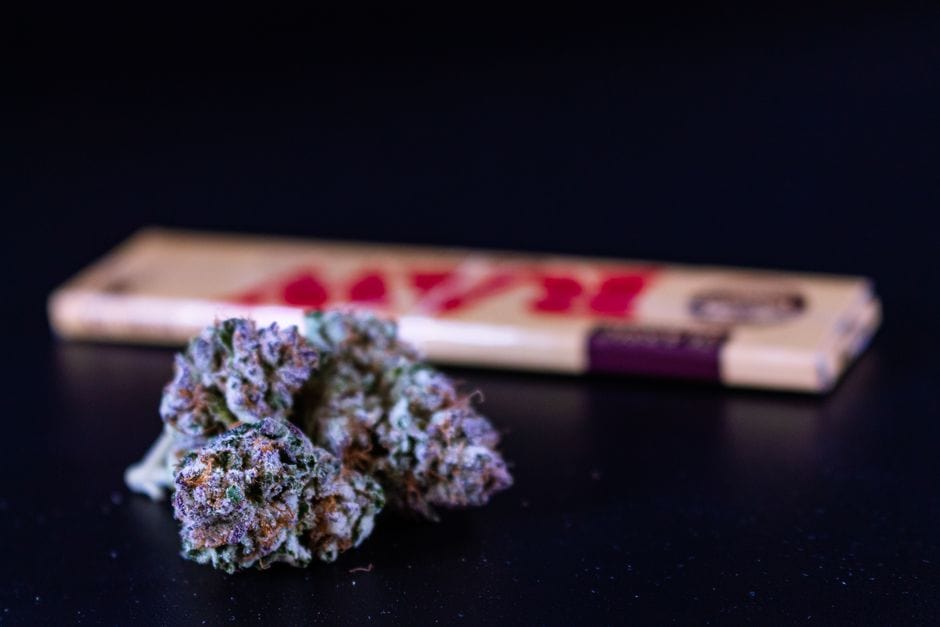 Cannabis bud with RAW rolling papers