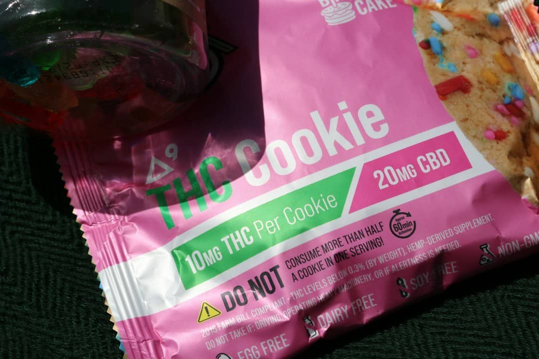 Pink THC cookie package with CBD info