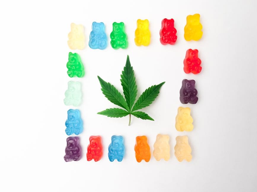 Colorful gummy bears around a cannabis leaf