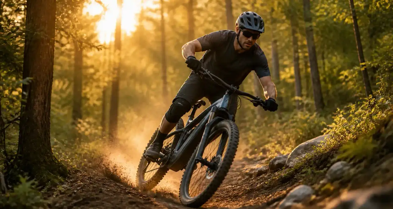 Cycliste sur un vélo à assistance électrique lancé sur un sentier forestier baigné de lumière dorée